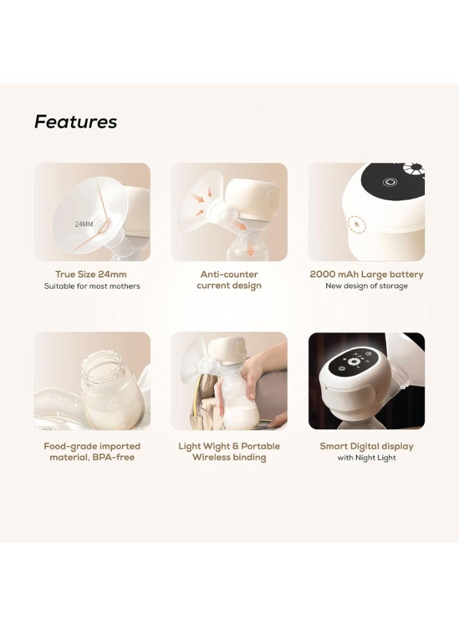 نورتر مضخة ثدي كهربائية لاسلكية قابلة للارتداء - شفاط حليب محمول وخفيف الوزن مع شاشة LCD - 3 أنظمة و9 مستويات شفط بدون ألم - سعة 180 مل (لون أبيض) - Image 3